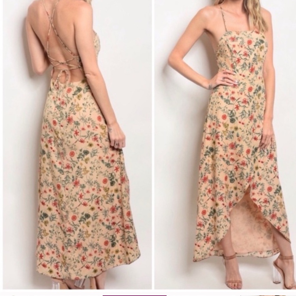 Essue Asymmetrical Backless Sundress Cream/Beige High/low Floral Strappy Dress